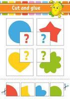 Cut and glue. Set flash cards. Education worksheet. Activity page. Circle, star, heart, flower. Game for children. Cartoon character. Isolated vector illustration.