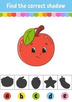 encuentra la sombra correcta. manzana de fruta. hoja de trabajo de desarrollo educativo. página de actividad. juego de colores para niños. ilustración vectorial aislada. personaje animado. vector