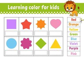 Learning color for kids. Education developing worksheet. Activity page with color pictures. Riddle for children. Isolated vector illustration. Funny character. Cartoon style.