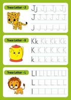 Writing letters. Tracing page. Practice sheet. Worksheet for kids. exercise for preschools. Learn alphabet. Cute characters. Vector illustration. Cartoon style.