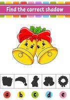 Find the correct shadow. Education developing worksheet. Christmas theme. Activity page. Color game for children. Isolated vector illustration. Cartoon character.