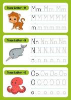 Writing letters. Tracing page. Practice sheet. Worksheet for kids. exercise for preschools. Learn alphabet. Cute characters. Vector illustration. Cartoon style.