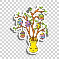 Cute cartoon character. Easter egg tree. Sticker with contour. Colorful vector illustration. Isolated on transparent background. Design element