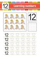 Number 12. Trace and write. Handwriting practice. Learning numbers for kids. Education developing worksheet. Activity page. Game for toddlers. Isolated vector illustration in cute cartoon style.