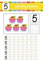 Number 5. Trace and write. Handwriting practice. Learning numbers for kids. Education developing worksheet. Activity page. Isolated vector illustration in cute cartoon style.