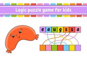 Logic puzzle game. Learning words for kids. Find the hidden name. Worksheet, Activity page. English game. Isolated vector illustration. Cartoon character.