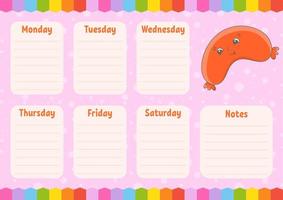 School schedule. Timetable for schoolboys. Empty template. Weekly planer with notes. Isolated color vector illustration. Cartoon character.