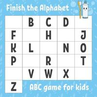 Finish the alphabet. ABC game for kids. Education developing worksheet. Learning game for kids. Color activity page. vector