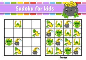 sudoku para niños. hoja de trabajo de desarrollo educativo. personaje animado. página de actividad de color. juego de rompecabezas para niños. entrenamiento del pensamiento lógico. ilustración vectorial aislada. S t. día de San Patricio. vector