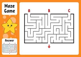 Rectangle maze. Game for kids. Three entrances, one exit. Puzzle for children. Labyrinth conundrum. Color vector illustration. Find the right path. With answer. Cartoon character. Education worksheet.