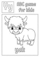 Letter Y is for yak. ABC game for kids. Alphabet coloring page. Cartoon character. Word and letter. Vector illustration.