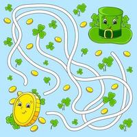 Funny maze for kids. Coin, hat. St. Patrick's day. Puzzle for children. Cartoon character. Labyrinth conundrum. Color vector illustration. Find the right path.