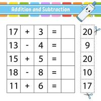 Addition and subtraction. Task for kids. Cut and paste. Education developing worksheet. Activity page. Game for children. Funny character. Isolated vector illustration. Cartoon style.