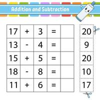 Addition and subtraction. Task for kids. Cut and paste. Education developing worksheet. Activity page. Game for children. Funny character. Isolated vector illustration. Cartoon style.