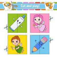 Cut and play. Flash cards. Color puzzle. Toothpaste, fairy, pencil. Education developing worksheet. Activity page. Game for children. Funny character. Isolated vector illustration. Cartoon style.