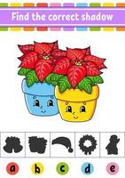 Find the correct shadow. Education developing worksheet. Christmas theme. Activity page. Color game for children. Isolated vector illustration. Cartoon character.