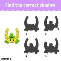 Find the correct shadow. Education developing worksheet. Matching game for kids. Activity page. Puzzle for children. Cartoon character. Isolated vector illustration. St. Patrick's day.