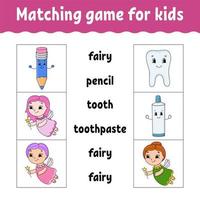 Matching game for kids. Find the correct answer. Draw a line. Learning words. Activity worksheet. Cartoon character. vector