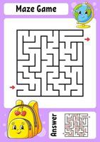 Square maze. Game for kids. Funny labyrinth. Education developing worksheet. Activity page. Puzzle for children. Cartoon style. Back to school. Logical conundrum. Color vector illustration.