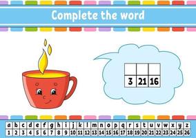 Complete the words. Cipher code. Learning vocabulary and numbers. Education worksheet. Activity page for study English. Isolated vector illustration. Cartoon character.