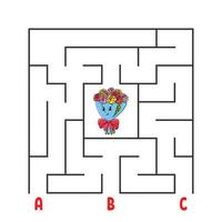 Square maze. Game for kids. Puzzle for children. Cartoon character bouquet. Labyrinth conundrum. Color vector illustration. Find the right path. The development of logical and spatial thinking.