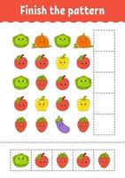 Finish the pattern. Cut and play. Fruits and vegetables. Education developing worksheet. Activity page.Cartoon character. vector