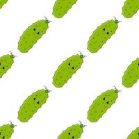 Happy cucumber. Colored seamless pattern with cute cartoon character. Simple flat vector illustration isolated on white background. Design wallpaper, fabric, wrapping paper, covers, websites.