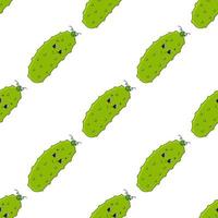 Happy cucumber. Colored seamless pattern with cute cartoon character. Simple flat vector illustration isolated on white background. Design wallpaper, fabric, wrapping paper, covers, websites.