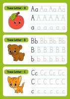 Writing letters. Tracing page. Practice sheet. Worksheet for kids. exercise for preschools. Learn alphabet. Cute characters. Vector illustration. Cartoon style.