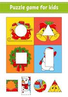 Puzzle game for kids. Cut and paste. Christmas theme. Cutting practice. Learning shapes. Education worksheet. Circle, square, rectangle, triangle. Activity page. Cartoon character. vector