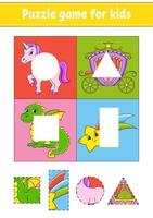 Puzzle game for kids. Cut and paste. Cutting practice. Learning shapes. Education worksheet. Circle, square, rectangle, triangle. Activity page.Cartoon character. vector