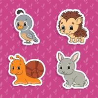 Set of bright color stickers for kids. Cute cartoon characters. Vector illustration isolated on color background.