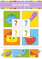 Cut and glue. Set flash cards. Color puzzle. Education developing worksheet. Activity page. Game for children. Funny character. Isolated vector illustration. Cartoon style.