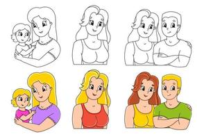 Establecer página para colorear para niños. gente feliz. lindos personajes de dibujos animados. trazo negro. con muestra. ilustración vectorial. vector
