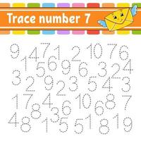 Trace number. Handwriting practice. Learning numbers for kids. Education developing worksheet. Activity page. Game for toddlers and preschoolers. Isolated vector illustration in cute cartoon style.