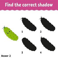 Find the correct shadow cucumber. Education developing worksheet. Matching game for kids. Activity page. Puzzle for children. Cartoon character. Isolated vector illustration.