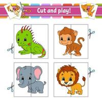 Cut and play. Flash cards. Color puzzle. Education developing worksheet. Activity page. Game for children. Funny character. Isolated vector illustration. Cartoon style.