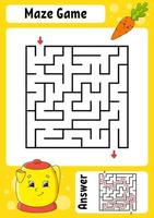 Square maze. Game for kids. Funny labyrinth. Education developing worksheet. Activity page. Puzzle for children. Cartoon style. Riddle for preschool. Logical conundrum. Color vector illustration.