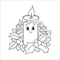 Coloring book for kids. Christmas burning candles decorated with holly leaves. Cartoon character. Vector illustration. Black contour silhouette. Isolated on white background.
