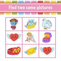 Find two same pictures. Task for kids. Education developing worksheet. Activity page. Color game for children. Funny character. Isolated vector illustration. Cartoon style. Valentine's Day.