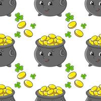 Color seamless pattern. Pot of gold. St. Patrick's Day. Cartoon style. Hand drawn. Vector illustration isolated on white background.