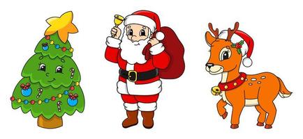 Set of cartoon characters. Fairytale Christmas tree, Santa Claus with gifts, cute deer. Happy New Year and Merry Christmas. Hand drawn. Color vector isolated illustration.