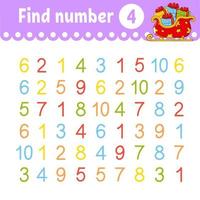 Find number. Education developing worksheet. Activity page with pictures. Game for children. Isolated vector illustration. Funny character. Cartoon style.