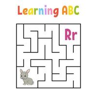 Square maze. Game for kids. Rabbit bunny animal. Quadrate labyrinth. Education worksheet. Activity page. Learning English alphabet. Cartoon style. Find the right way. Color vector illustration.