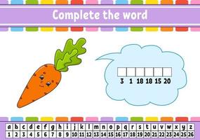 Complete the words. Cipher code. Learning vocabulary and numbers. Education developing worksheet. Activity page for study English. Game for children. Isolated vector illustration. Cartoon character.