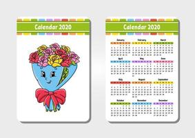 Calendar for 2020 with a cute character. Pocket size. Fun and bright design. Isolated vector illustration. Cartoon style.