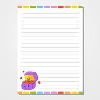 Sheet template for notebook, notepad, diary. Lined paper. Cute character ring box. With a color image. Isolated vector illustration. Cartoon style.