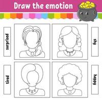 Draw the emotion. Worksheet complete the face. Coloring book for kids. Cheerful character. Vector illustration. Black contour silhouette. Isolated on white background.