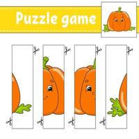 Puzzle game for kids. Vegetable pumpkin. Cutting practice. Education developing worksheet. Activity page.Cartoon character. vector