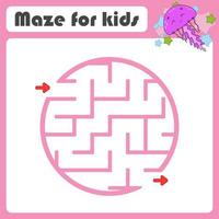 Square maze. Game for kids. Marine jellyfish. Puzzle for children. Cartoon style. Labyrinth conundrum. Color vector illustration. Find the right path. The development of logical and spatial thinking.